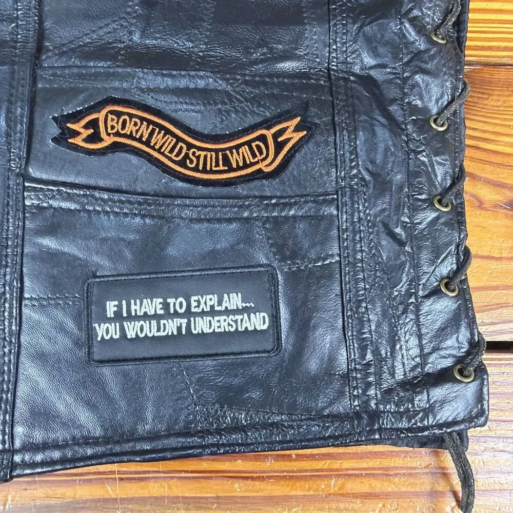DIAMOND PLATE BUFFALO LEATHER BLACK BUTTON UP BIKER VEST WITH PATCHES XL